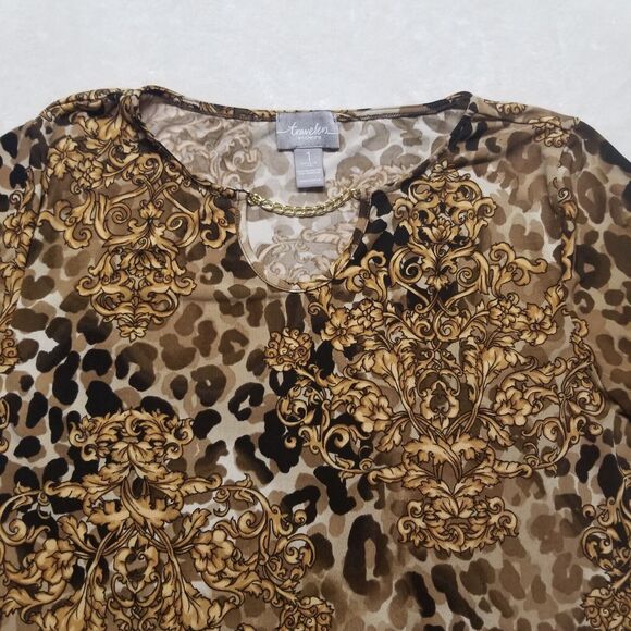 Chicos Travelers 1 Medium Floral Leopard Print Slinky Knit Mob Wife Classic - Picture 4 of 6